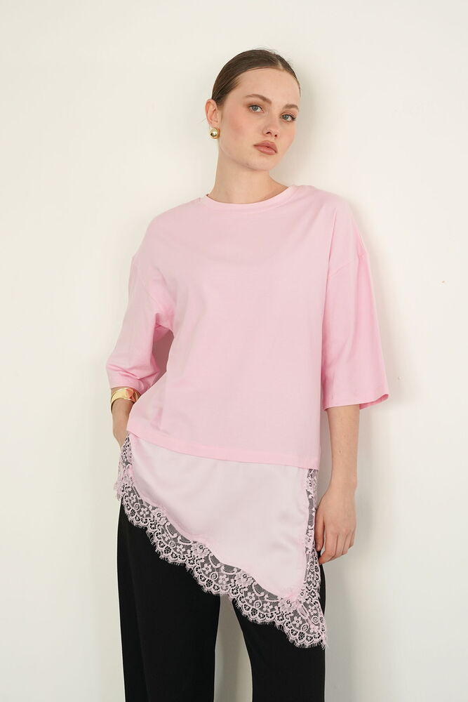 Tricou asimetric en-gros cu detalii din dantelă și satin - Roz | D2942 - Topshow