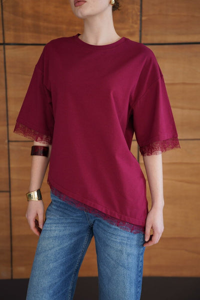 Dantel Detaylı Tişört - Bordo | D2956 - Topshow
