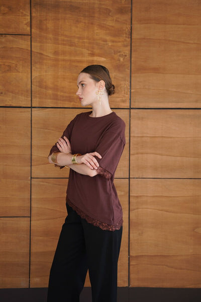 Tricou cu detaliu de dantelă - Cafea | D2956 - Topshow