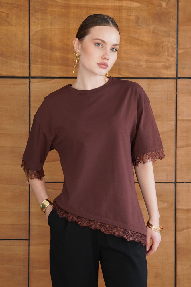 Tricou cu detaliu de dantelă - Cafea | D2956 - Topshow