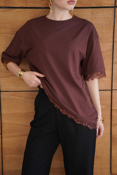 Tricou cu detaliu de dantelă - Cafea | D2956 - Topshow