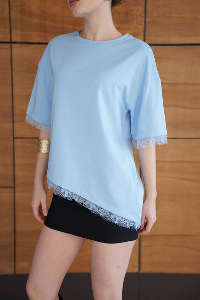 Tricou cu detaliu de dantelă - Albastru | D2956 - Topshow