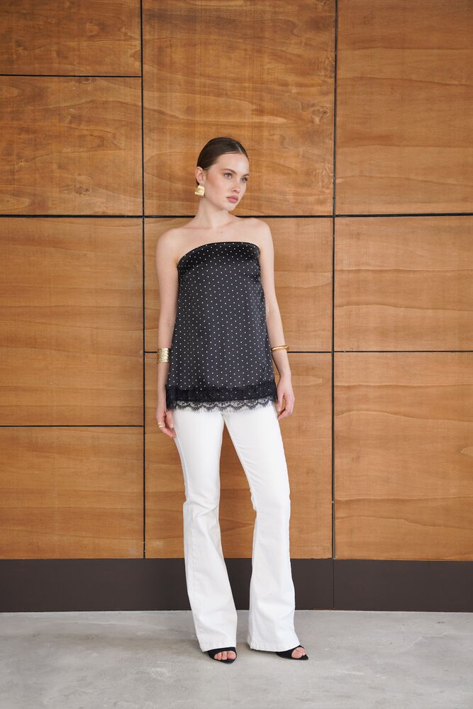 Bustieră din satin cu buline și dantelă - Negru | D2963 - Topshow