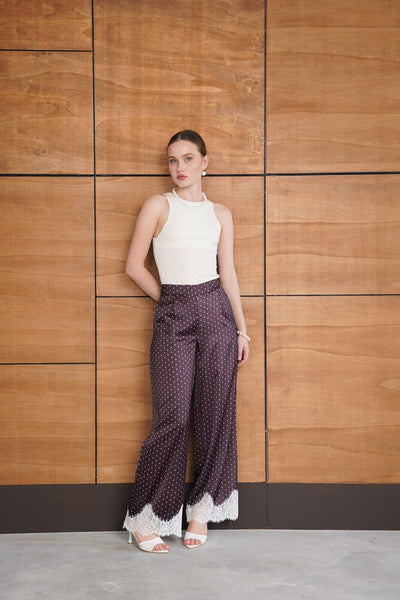 Puantiyeli Paçası Dantelli Saten Pantolon - Kahve | D2970 - Topshow