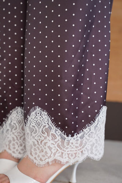 Puantiyeli Paçası Dantelli Saten Pantolon - Kahve | D2970 - Topshow