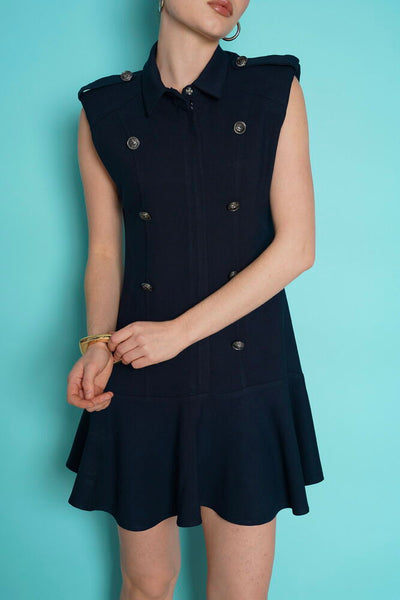 Sleeveless Mini Wholesale Dress with Epaulets on the Shoulder - Navy Blue | D2974 - Topshow