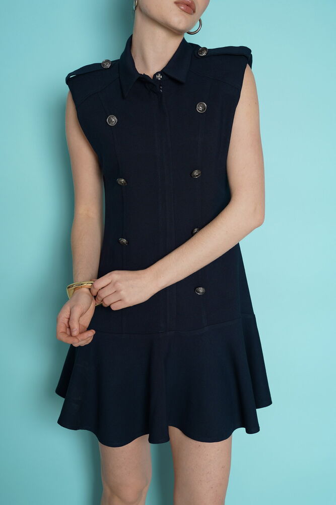Sleeveless Mini Wholesale Dress with Epaulets on the Shoulder - Navy Blue | D2974 - Topshow