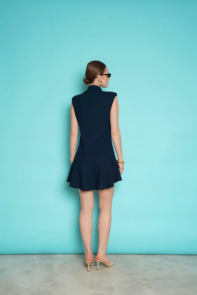Sleeveless Mini Wholesale Dress with Epaulets on the Shoulder - Navy Blue | D2974 - Topshow