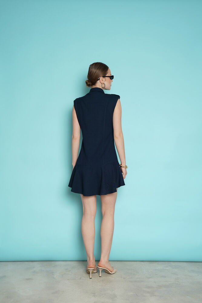Sleeveless Mini Wholesale Dress with Epaulets on the Shoulder - Navy Blue | D2974 - Topshow