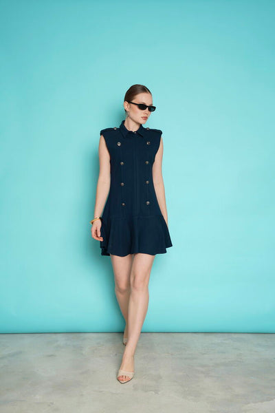 Sleeveless Mini Wholesale Dress with Epaulets on the Shoulder - Navy Blue | D2974 - Topshow