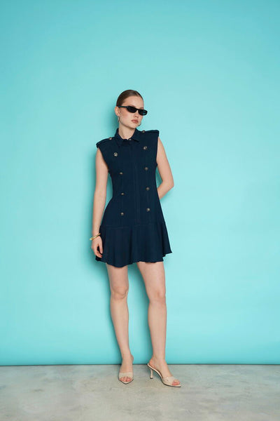 Sleeveless Mini Wholesale Dress with Epaulets on the Shoulder - Navy Blue | D2974 - Topshow