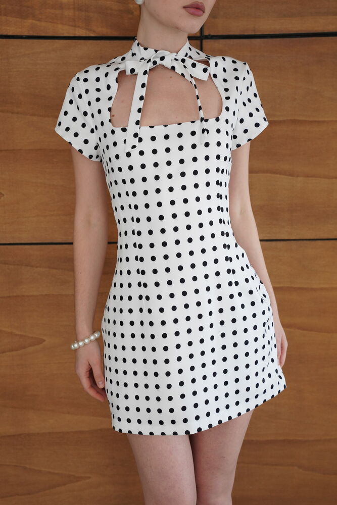 Puantiyeli Saten Toptan Elbise - Krem | D2978 - Topshow