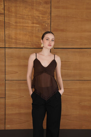 Askılı Dantel Detaylı Tül Toptan Bluz - Kahve | D2979 - Topshow