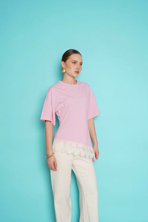 Toptan Etek Ucu Güpür Toptan T Shırt - Pembe | D2991 - Topshow