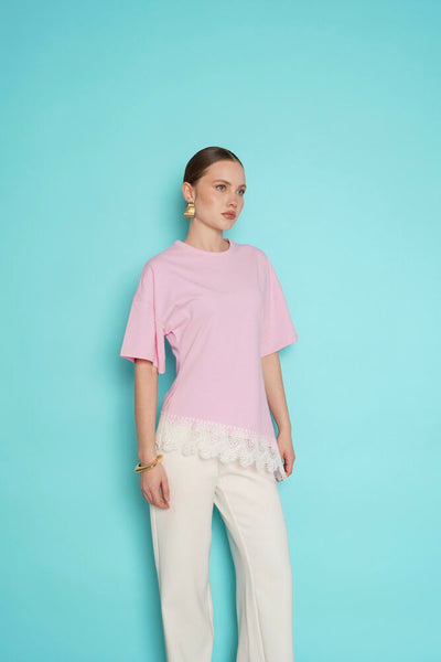 Tricou cu tiv din dantelă, en-gros - roz | D2991 - Topshow