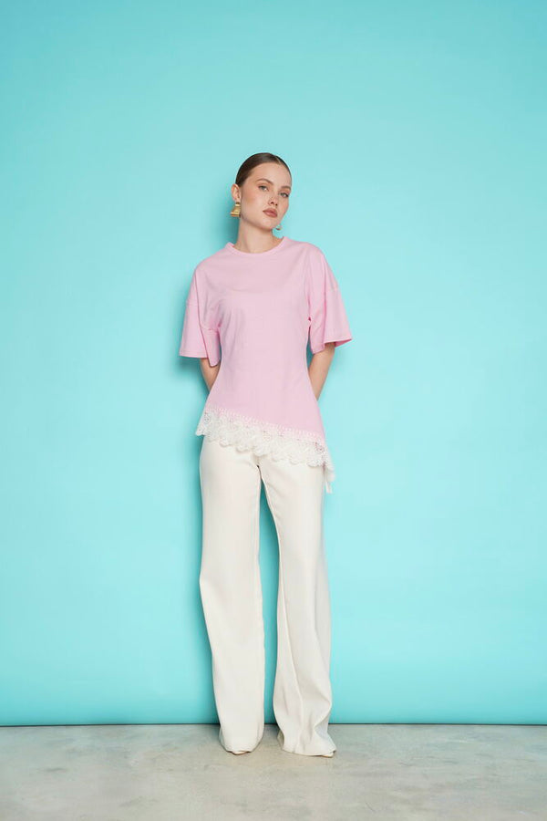 Toptan Etek Ucu Güpür Toptan T Shırt - Pembe | D2991 - Topshow