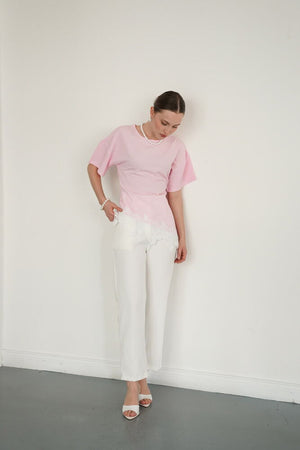 Toptan Etek Ucu Dsntel Bisiklet Yaka Toptan T-Shırt - Pembe | D2992 - Topshow