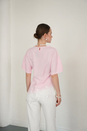 Toptan Etek Ucu Dsntel Bisiklet Yaka Toptan T-Shırt - Pembe | D2992 - Topshow