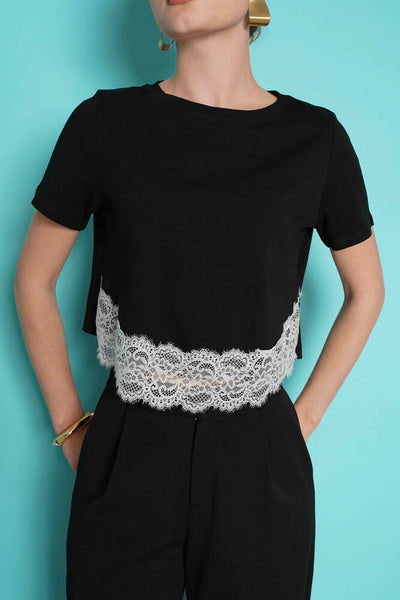 Tricou cu guler rotund și detalii din dantelă, en-gros - Negru | D3001 - Topshow