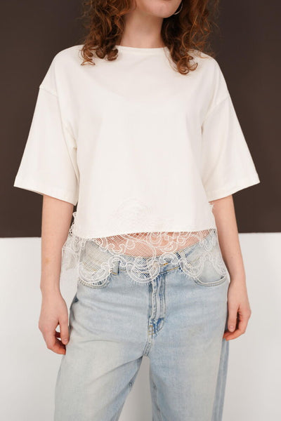 Tricou cu guler rotund și detalii din dantelă, en-gros - Crem | D3002 - Topshow