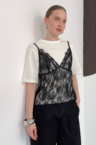 Rochie scurtă din dantelă, cu tunică din bumbac - Crem | D3009 Topshow