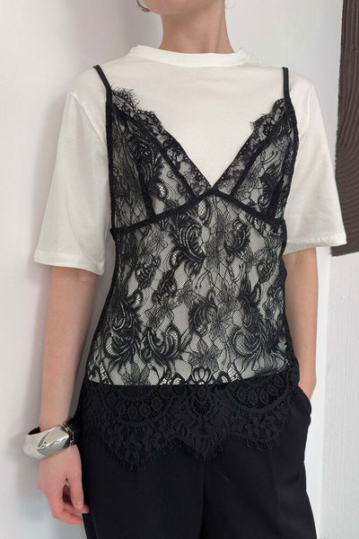 Rochie scurtă din dantelă, cu tunică din bumbac - Crem | D3009 Topshow