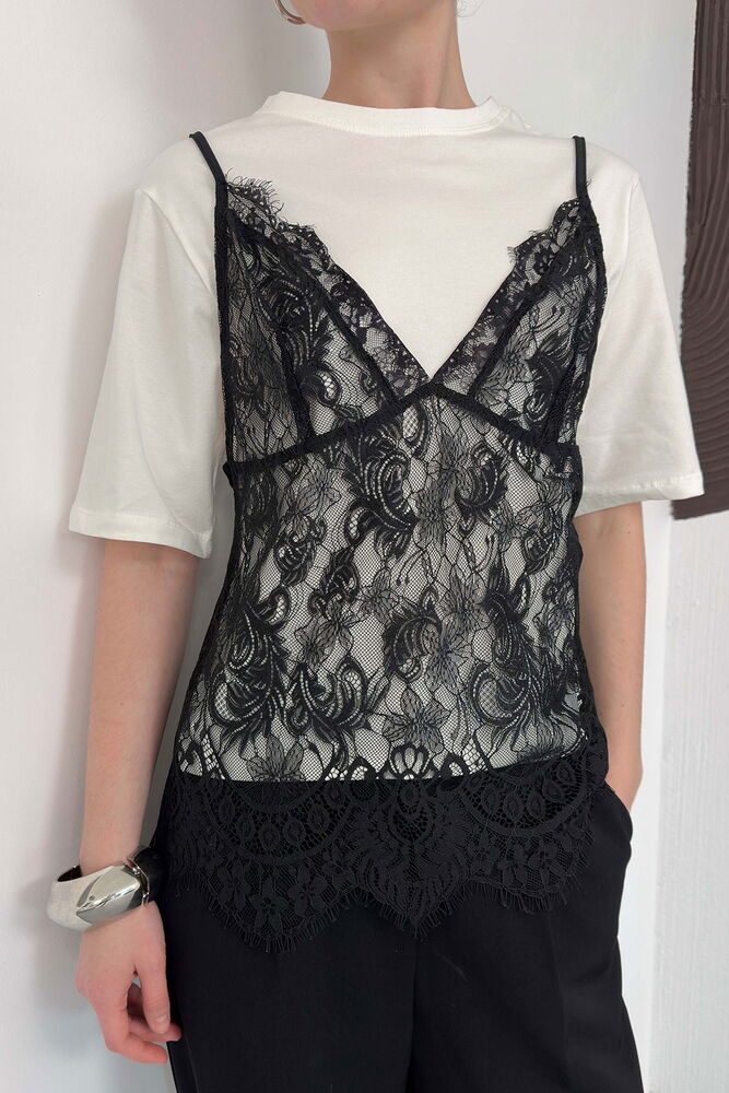 Rochie scurtă din dantelă, cu tunică din bumbac - Crem | D3009 Topshow
