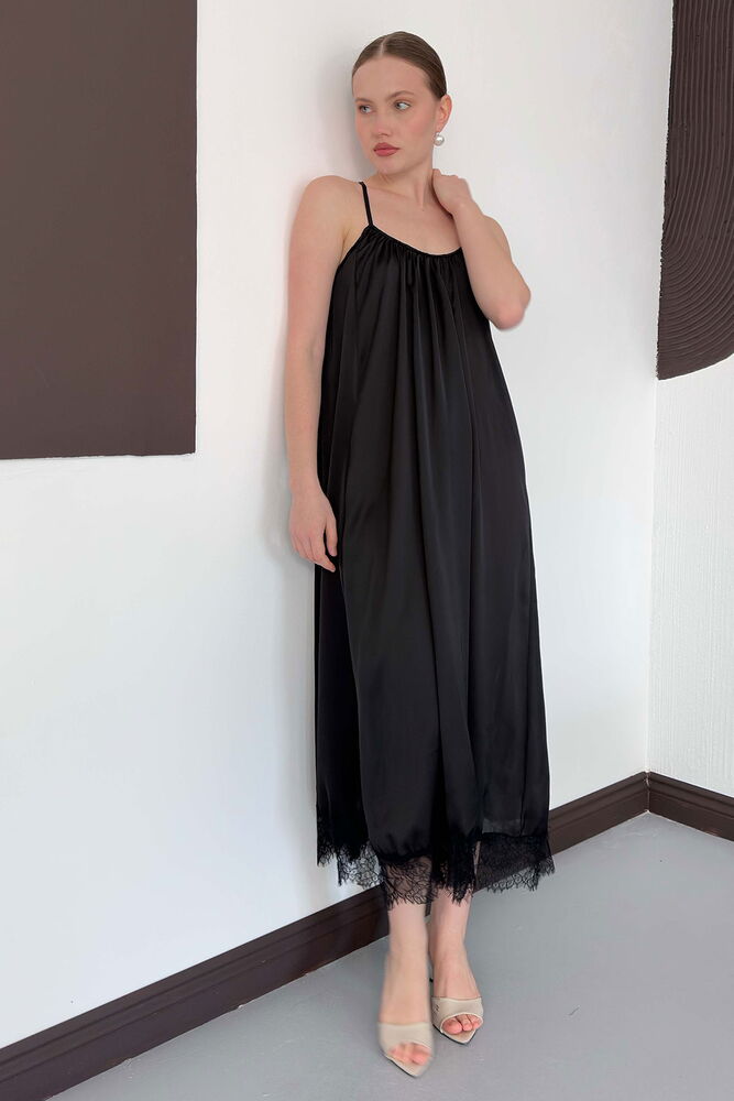 Rochie din satin cu detaliu din dantelă - Negru | D3022 Topshow