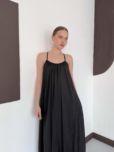 Rochie din satin cu detaliu din dantelă - Negru | D3022 Topshow
