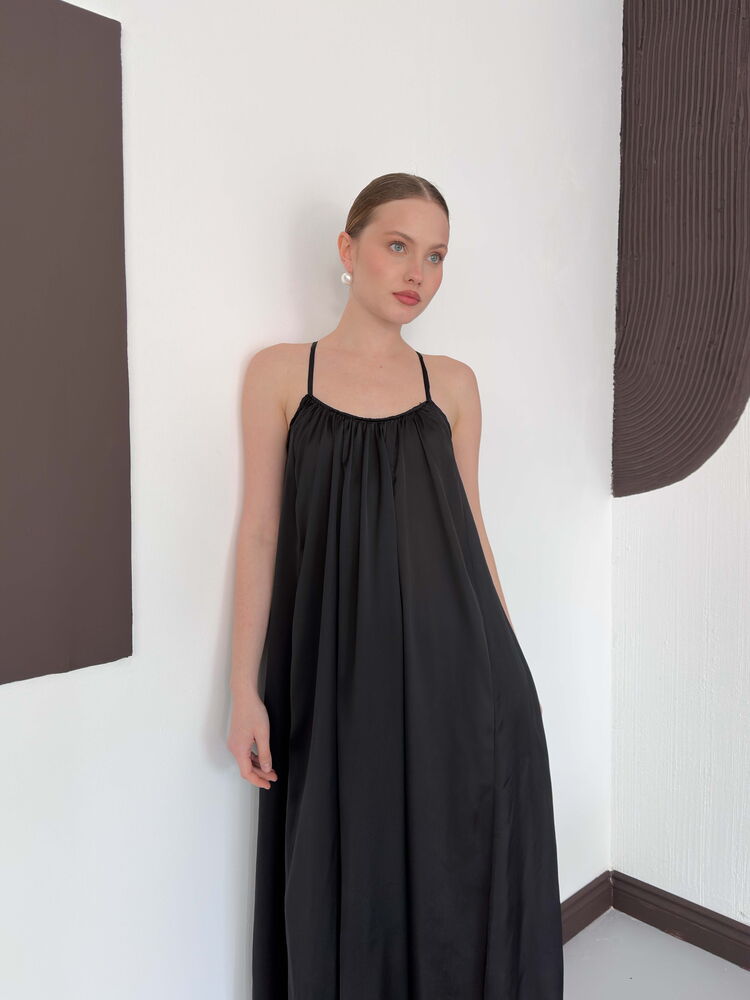 Rochie din satin cu detaliu din dantelă - Negru | D3022 Topshow
