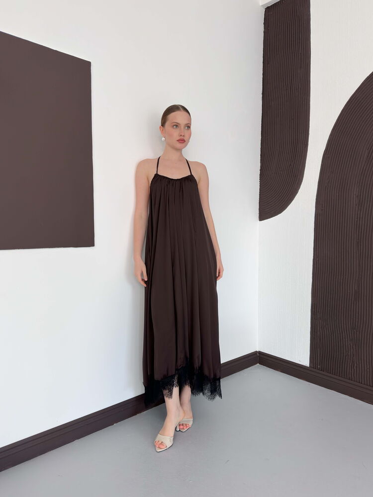 Rochie din satin cu detaliu din dantelă - Maro | D3022 Topshow