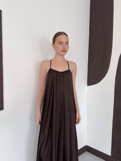 Rochie din satin cu detaliu din dantelă - Maro | D3022 Topshow