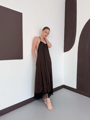Dantel Detaylı Saten Elbise - Kahve | D3022 Topshow