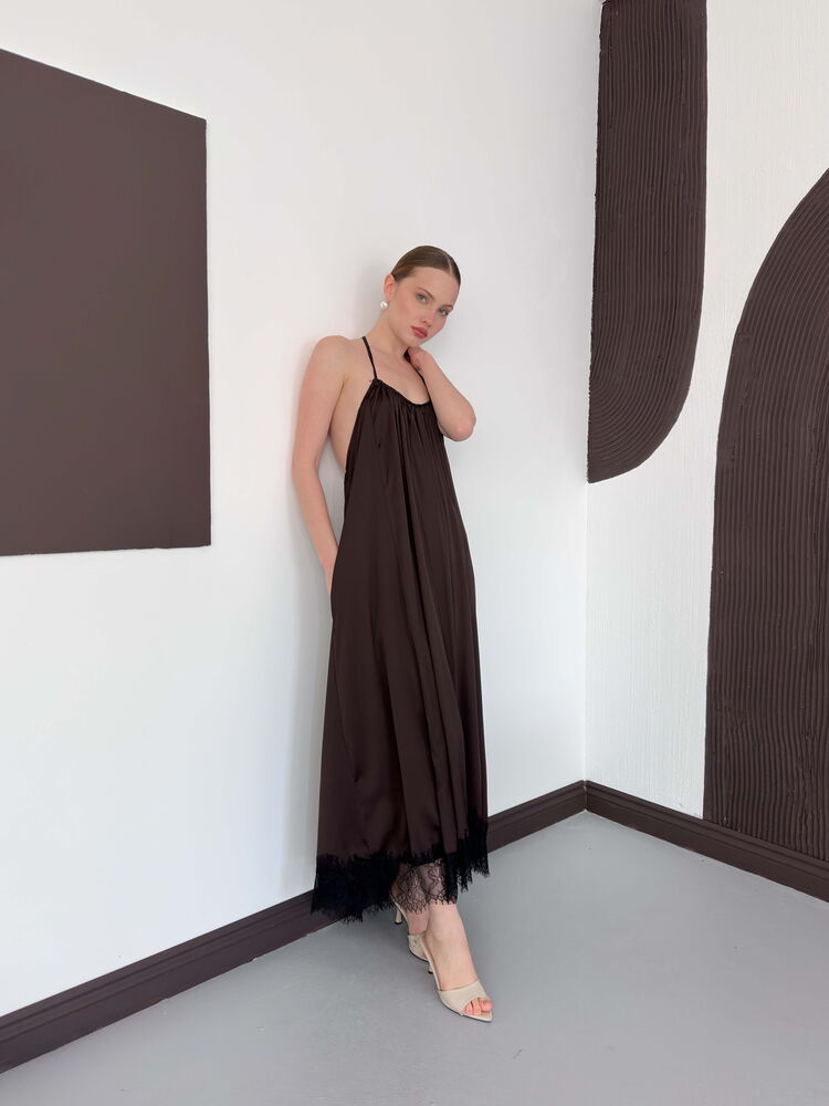 Rochie din satin cu detaliu din dantelă - Maro | D3022 Topshow