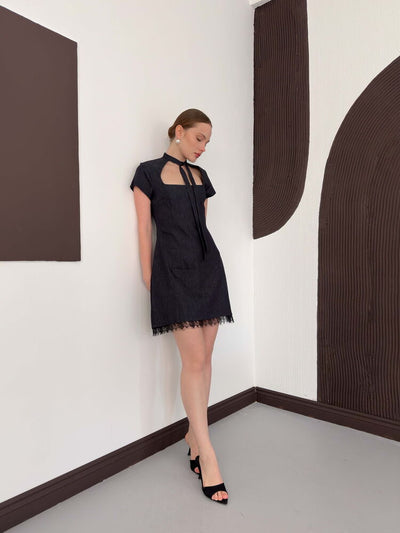Lace Detail Denim Dress - Navy | D3041 Topshow
