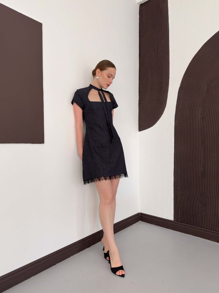 Lace Detail Denim Dress - Navy | D3041 Topshow