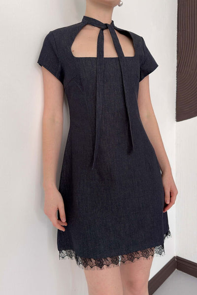 Lace Detail Denim Dress - Navy | D3041 Topshow
