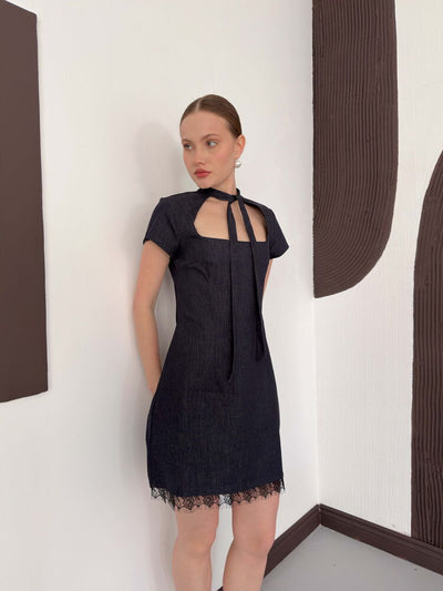 Lace Detail Denim Dress - Navy | D3041 Topshow