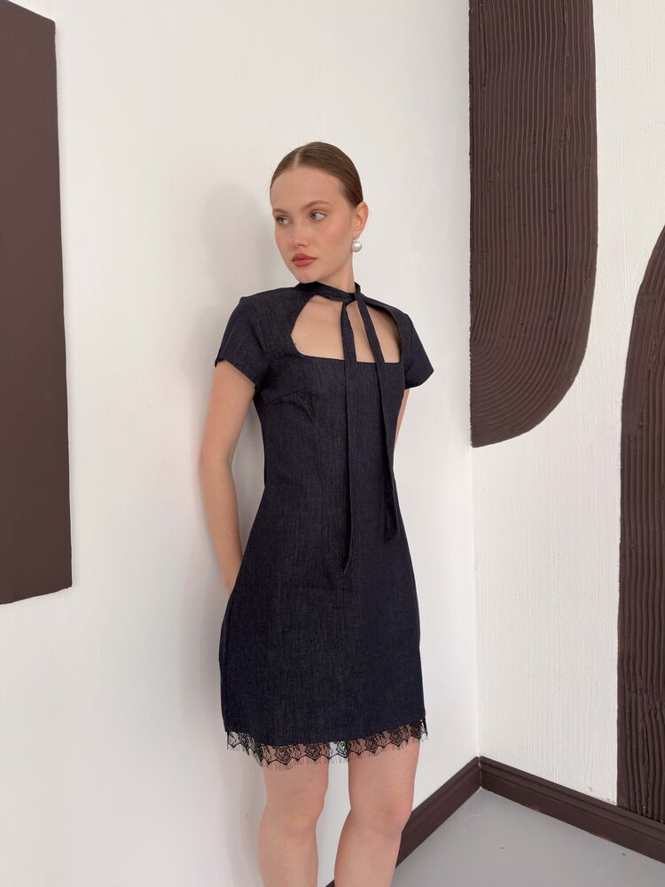 Lace Detail Denim Dress - Navy | D3041 Topshow