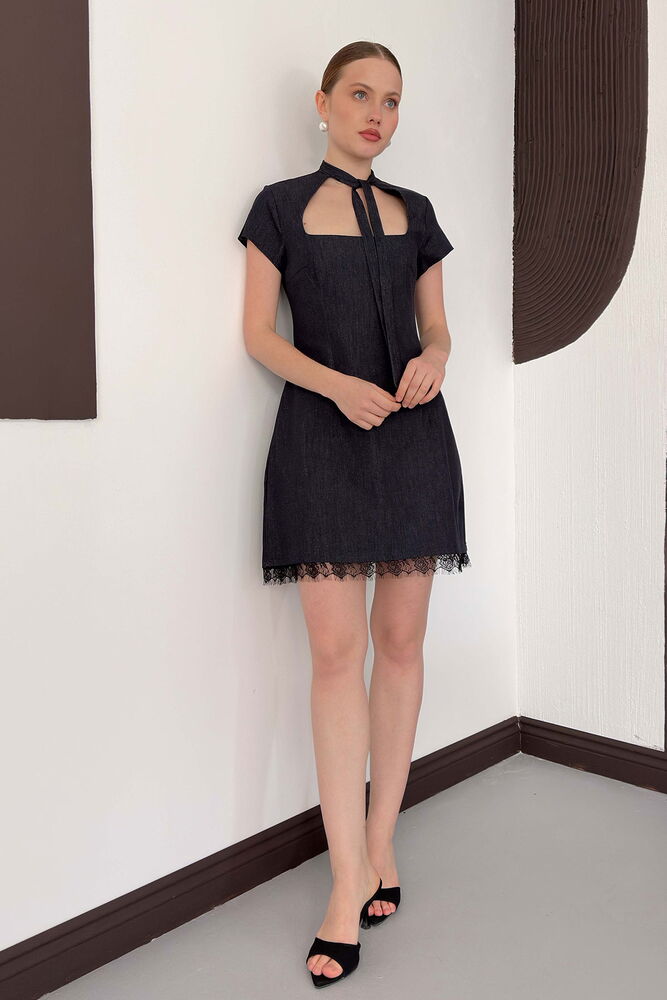 Lace Detail Denim Dress - Navy | D3041 Topshow