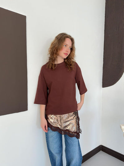 D 3064 PULLU DANTELLİ TİŞÖRT - KAHVE