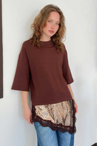 D 3064 PULLU DANTELLİ TİŞÖRT - KAHVE
