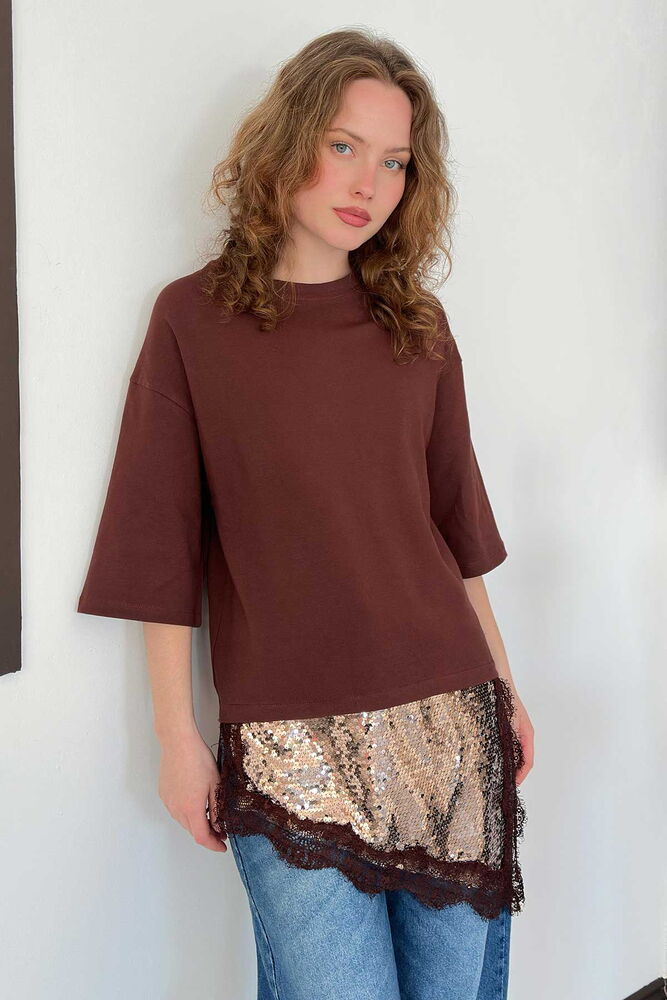 D 3064 PULLU DANTELLİ TİŞÖRT - KAHVE