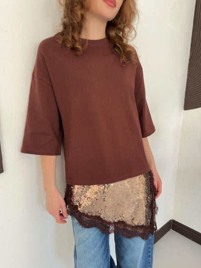 D 3064 PULLU DANTELLİ TİŞÖRT - KAHVE