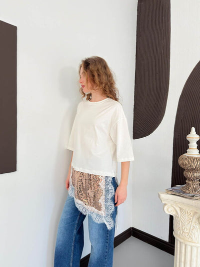 D 3064 SEQUINED LACE T-SHIRT - CREAM