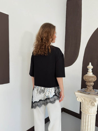 D 3064 PULLU DANTELLİ TİŞÖRT - SİYAH