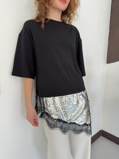 D 3064 PULLU DANTELLİ TİŞÖRT - SİYAH