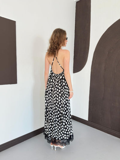 D 3069 LACE DETAIL POLKA DOT PLEATED DRESS - BLACK