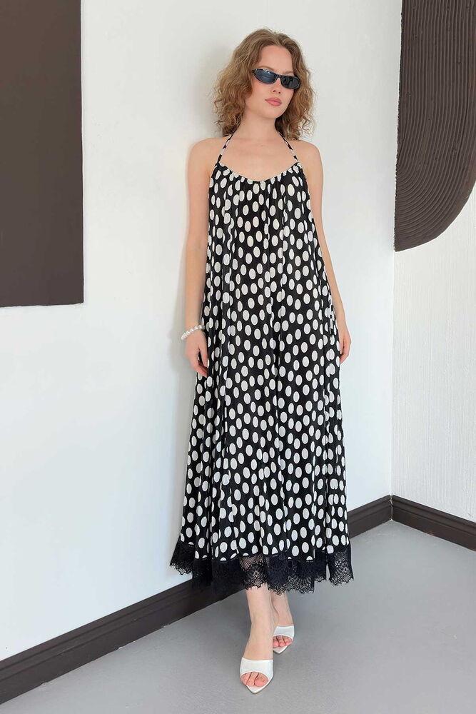 D 3069 LACE DETAIL POLKA DOT PLEATED DRESS - BLACK