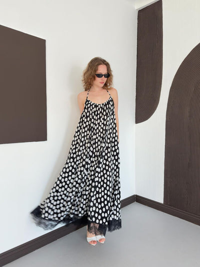 D 3069 LACE DETAIL POLKA DOT PLEATED DRESS - BLACK